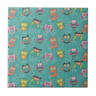 Doodled Owls on Teal Ceramic Tile