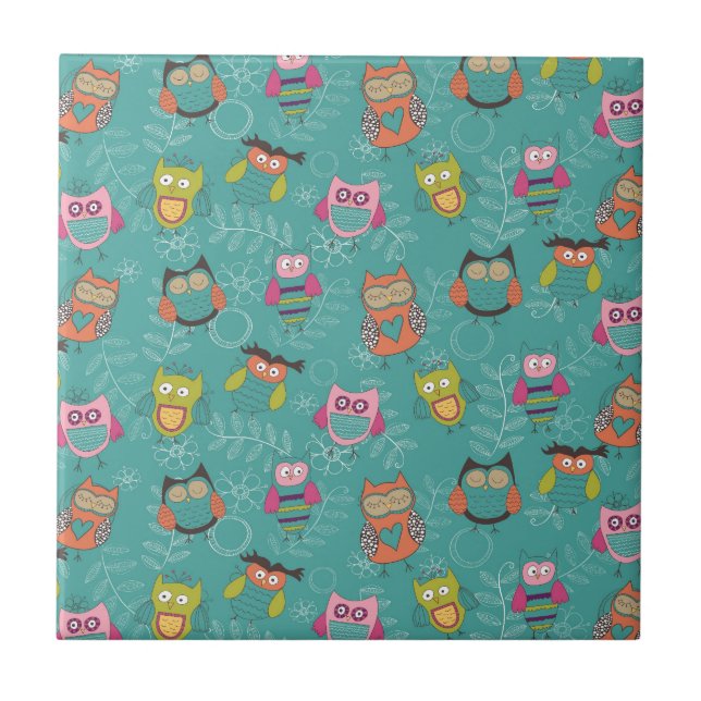 Doodled Owls on Teal Ceramic Tile (Front)
