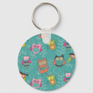 Doodled Owls on Teal Key Ring