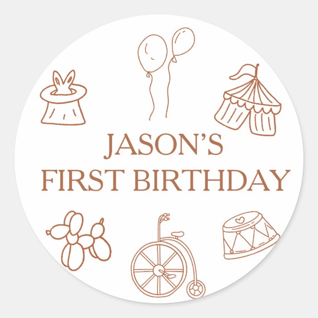 Doodles Circus First Birthday Party Classic Round Sticker (Front)