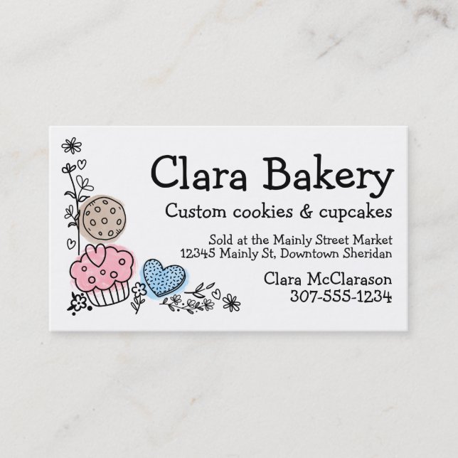 Doodles cookies cupcakes flowers bakery baking business card (Front)