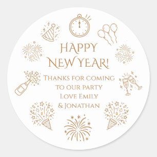 Doodles Gold text New Year Party Thank you  Classic Round Sticker