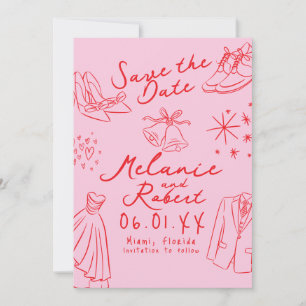 Doodles Hand Drawn Black White Groom Bride  Save The Date