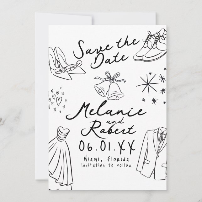 Doodles Hand Drawn Black White Groom Bride  Save The Date (Front)