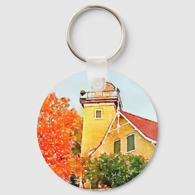 Door County Eagle Bluff Lighthouse Watercolor Key Ring (Front)