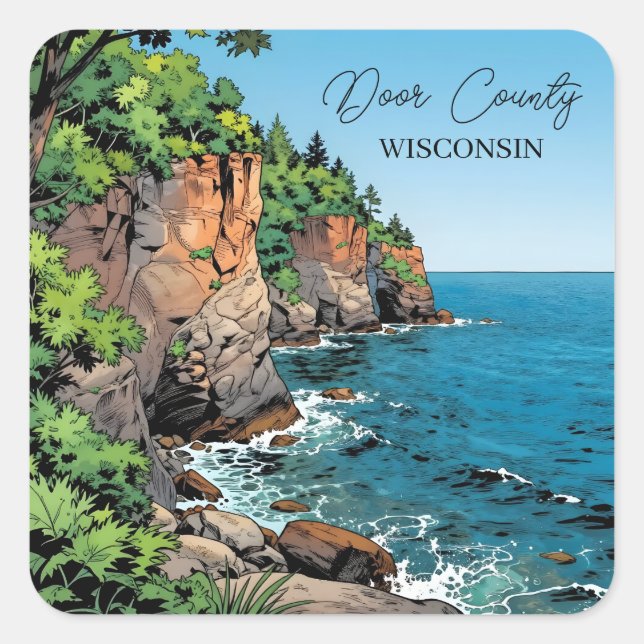 Door County Illustration | The Bluffs and Lake Square Sticker (Front)