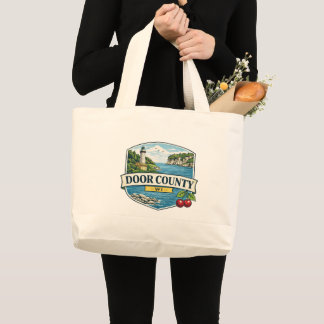 Door County, WI Lighthouse and Lake MichiganMagnet Large Tote Bag