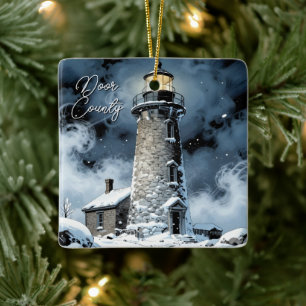 Door County, Wisconsin Lighthouse in Winter Ceramic Ornament