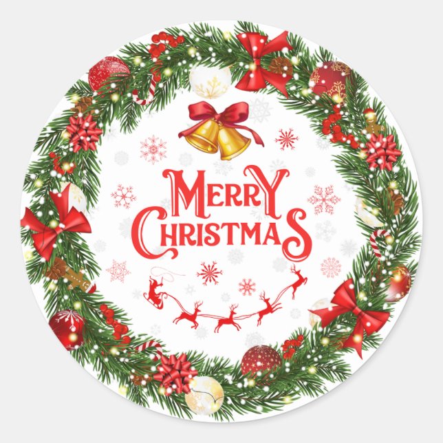 Door-Hanging Christmas Wreath Classic Round Sticker (Front)