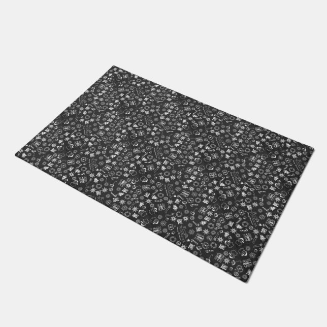 Door Mat Merry Christmas Symbols Black White (Angled)