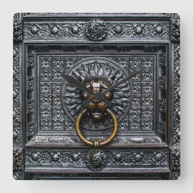Doorknocker Lion - Black / Gold Square Wall Clock (Front)