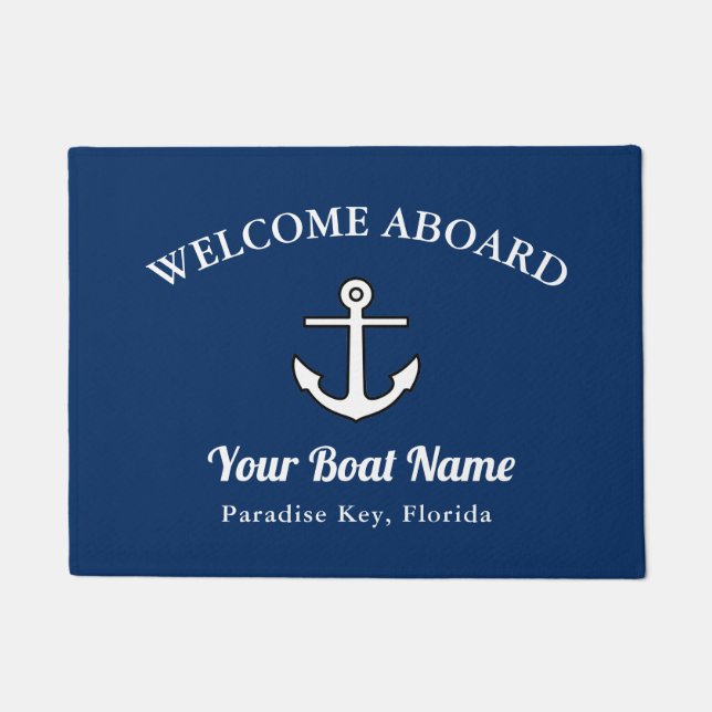 Doormat Navy Blue Welcome Aboard Anchor Boat Name  (Front)