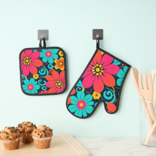 Dopamine Decor– Bright Funky Flowers-Retro Oven Mitt & Pot Holder Set