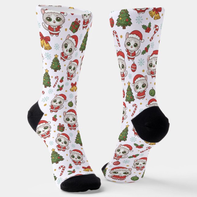 dorable Kitten And Christmas Icons Pattern Holiday Socks (Angled)