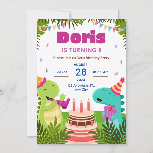 Doris is turning 8 Birthday invitation  (Front)