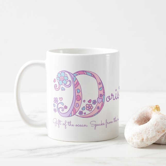 Doris name meaning heart flower D monogram mug (With Donut)