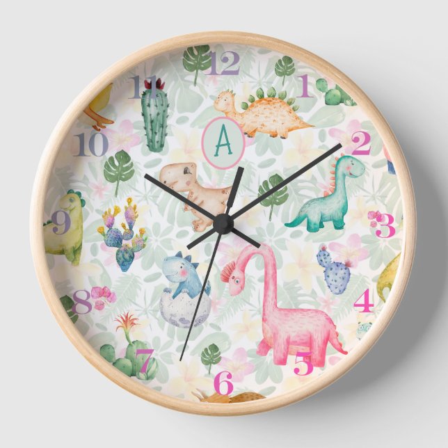 DORKY DINOSAURS Monogram Kids Baby Decor Clock (Front)