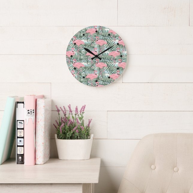 Dorm Clock With Pink Flamingoes Cute Palm Leafs (Reading Room)