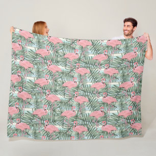 Dorm Fleece Blanket With Pink Flamingos Palm Leafs