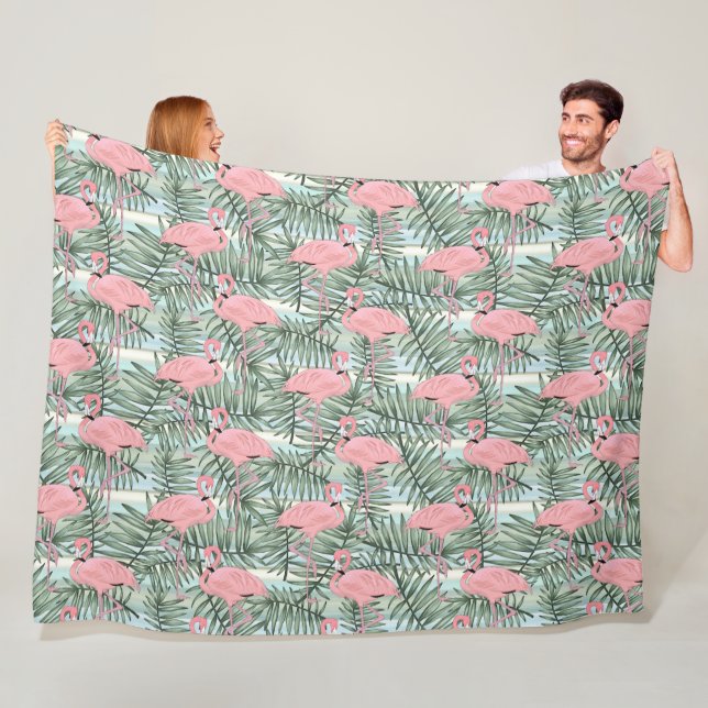 Dorm Fleece Blanket With Pink Flamingos Palm Leafs (In Situ)