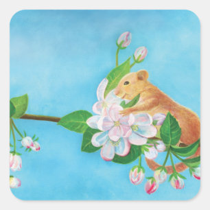Dormouse and apple blossoms illustration square sticker