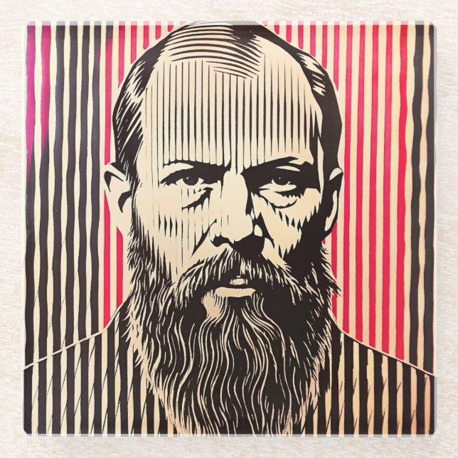 Dostoevsky in BAUHAUS optical illusion style Glass Coaster (Front)
