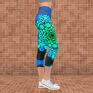 Dot Mandala Flower Blue and Green Capri Leggings