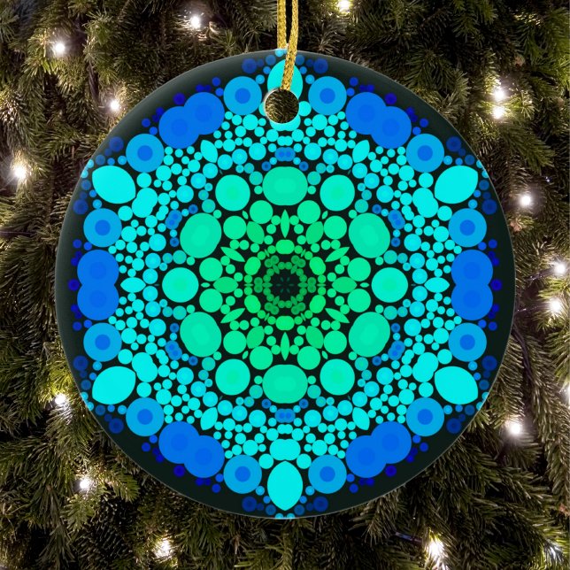 Dot Mandala Flower Blue and Green Ceramic Ornament (Creator Uploaded)