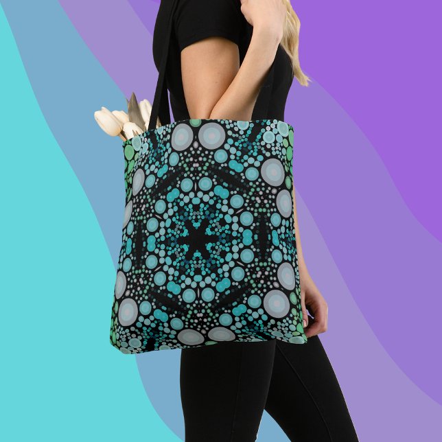 Dot Mandala Flower Blue Green and Grey Tote Bag (Creator Uploaded)
