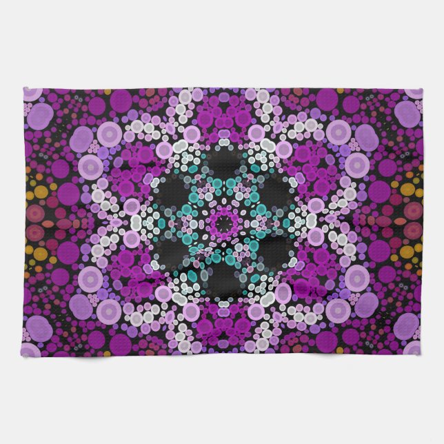 Dot Mandala Flower Blue Pink and Yellow Tea Towel (Horizontal)
