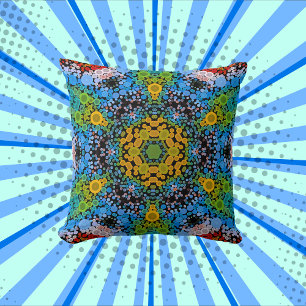 Dot Mandala Flower Blue Yellow and Green Cushion