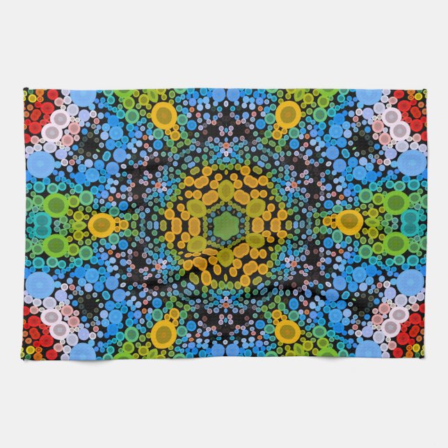 Dot Mandala Flower Blue Yellow and Green Tea Towel (Horizontal)