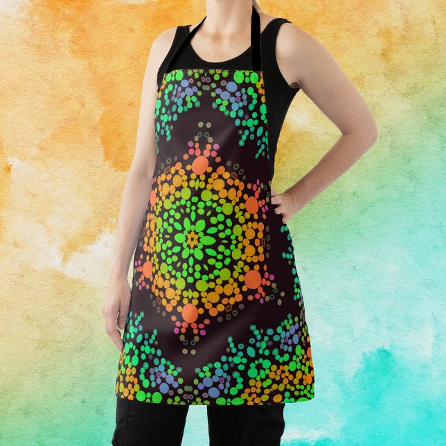 Dot Mandala Flower Green Orange and Blue Apron (Creator Uploaded)