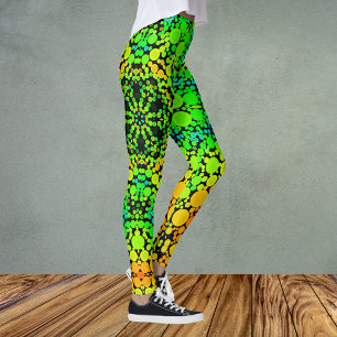 Dot Mandala Flower Green Orange and Yellow Leggings