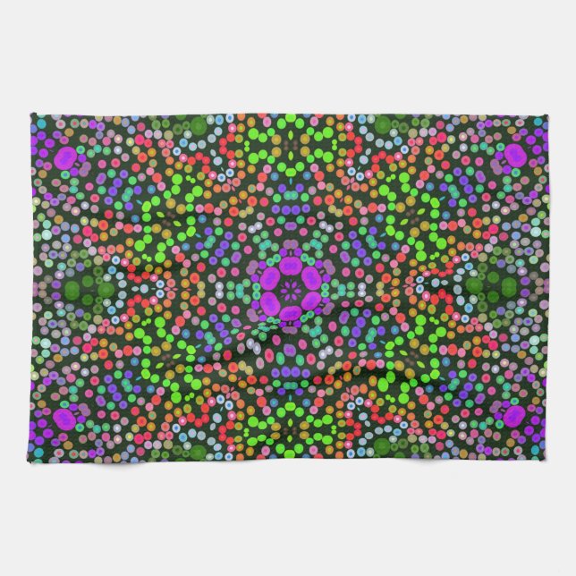 Dot Mandala Flower Green Purple and Orange Tea Towel (Horizontal)