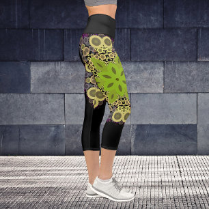 Dot Mandala Flower Green Yellow and Purple Capri Leggings