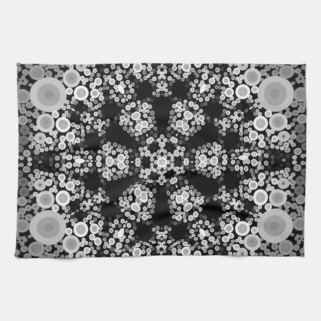Dot Mandala Flower Grey and Black Tea Towel (Horizontal)