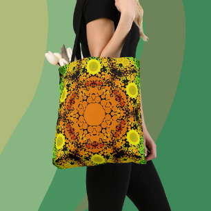 Dot Mandala Flower Orange Yellow and Green Tote Bag