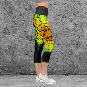 Dot Mandala Flower Orange Yellow Green and Blue Capri Leggings