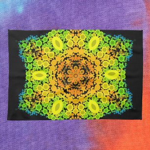 Dot Mandala Flower Orange Yellow Green and Blue Tea Towel