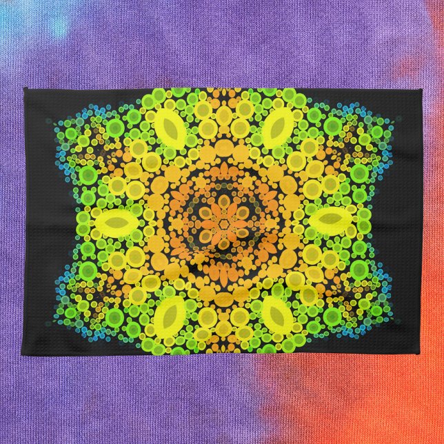 Dot Mandala Flower Orange Yellow Green and Blue Tea Towel (Creator Uploaded)