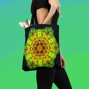 Dot Mandala Flower Orange Yellow Green and Blue Tote Bag