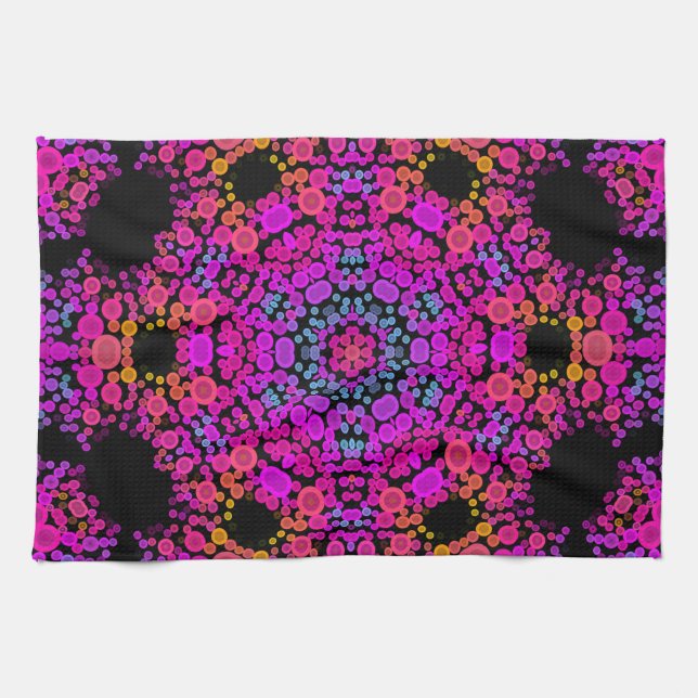 Dot Mandala Flower Pink Blue and Orange Tea Towel (Horizontal)