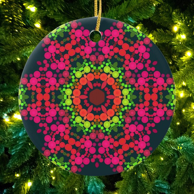 Dot Mandala Flower Pink Green and Orange Ceramic Ornament (Creator Uploaded)