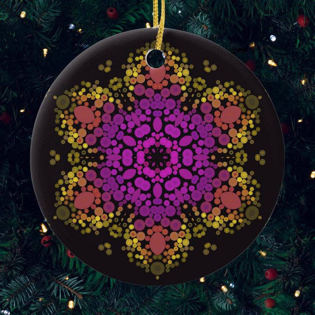 Dot Mandala Flower Pink Yellow and Black Ceramic Ornament (Creator Uploaded)