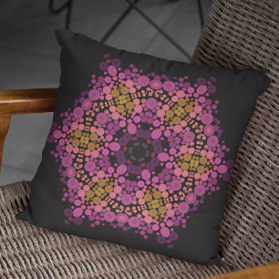 Dot Mandala Flower Pink Yellow and Black Cushion