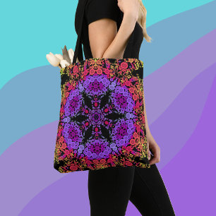 Dot Mandala Flower Purple Orange and Yellow Tote Bag