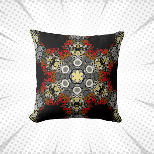 Dot Mandala Flower Red Yellow and Grey Cushion
