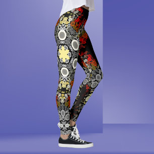 Dot Mandala Flower Red Yellow and Grey Leggings