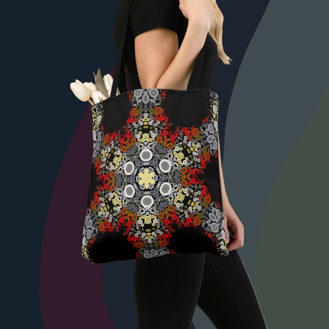 Dot Mandala Flower Red Yellow and Grey Tote Bag (Creator Uploaded)